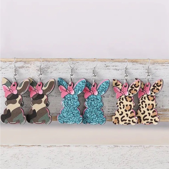 Animal Print Pink Bow Bunny Earrings - Picture 2 of 3